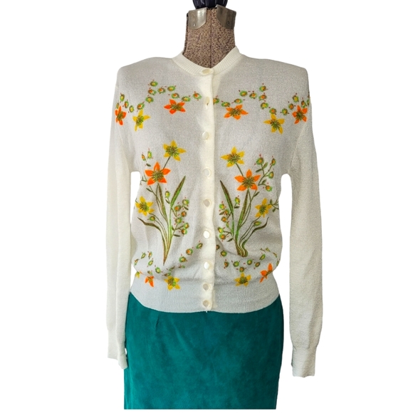 Vintage Sweaters - Vintage 80's white button down cardigan with orange snd yellow flowers